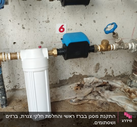 מערכת צנרת עם מסנן ומד מים על קיר